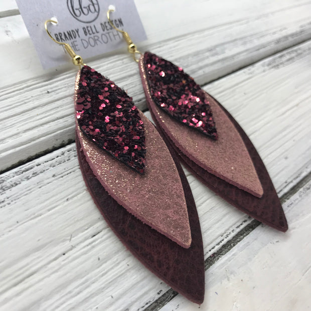 DOROTHY - Leather Earrings  ||  <BR> BURGUNDY GLITTER (NOT REAL LEATHER), <BR> SHIMMER VINTAGE PINK, <BR> DISTRESSED MERLOT