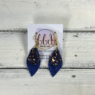 JEAN -  Leather Earrings  || <BR> CITY LIGHTS GLITTER (FAUX LEATHER), <BR> COBALT BLUE BRAID