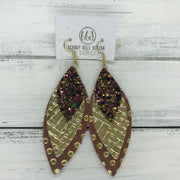 DOROTHY - Leather Earrings  ||  <BR> AUTUMN HARVEST GLITTER (NOT REAL LEATHER), <BR> METALLIC GOLD PANAMA WEAVE, <BR> BROWN WITH METALLIC GOLD POLKADOTS