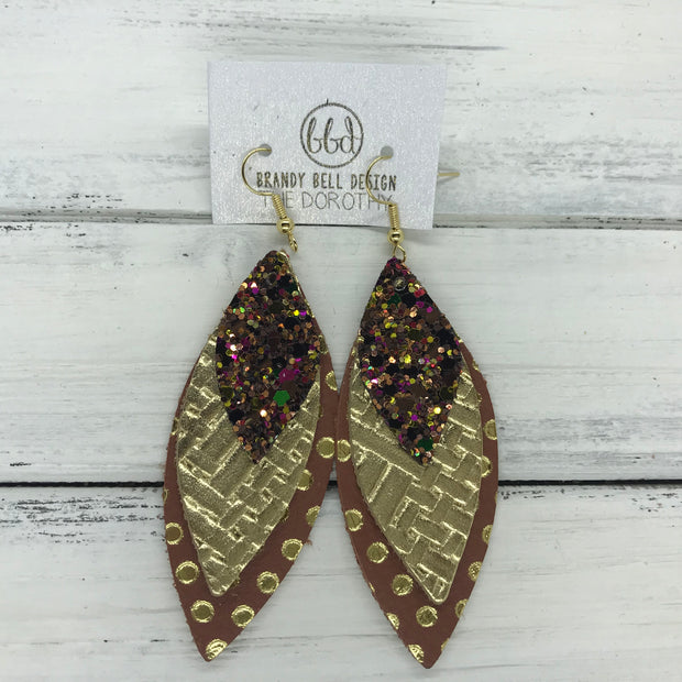 DOROTHY - Leather Earrings  ||  <BR> AUTUMN HARVEST GLITTER (NOT REAL LEATHER), <BR> METALLIC GOLD PANAMA WEAVE, <BR> BROWN WITH METALLIC GOLD POLKADOTS