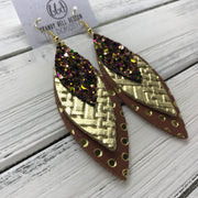 DOROTHY - Leather Earrings  ||  <BR> AUTUMN HARVEST GLITTER (NOT REAL LEATHER), <BR> METALLIC GOLD PANAMA WEAVE, <BR> BROWN WITH METALLIC GOLD POLKADOTS