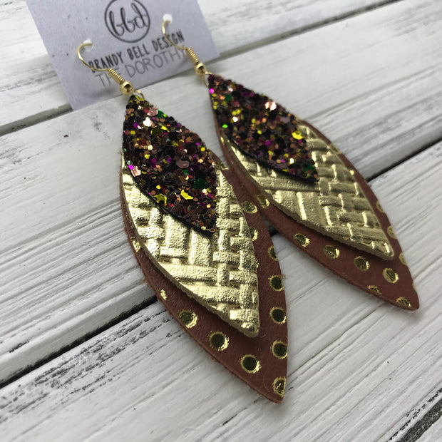 DOROTHY - Leather Earrings  ||  <BR> AUTUMN HARVEST GLITTER (NOT REAL LEATHER), <BR> METALLIC GOLD PANAMA WEAVE, <BR> BROWN WITH METALLIC GOLD POLKADOTS