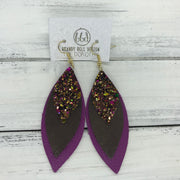 DOROTHY - Leather Earrings  ||  <BR> AUTUMN HARVEST GLITTER (NOT REAL LEATHER), <BR> PEARLIZED BROWN, <BR> MATTE FUCHSIA