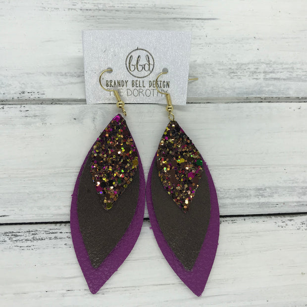 DOROTHY - Leather Earrings  ||  <BR> AUTUMN HARVEST GLITTER (NOT REAL LEATHER), <BR> PEARLIZED BROWN, <BR> MATTE FUCHSIA