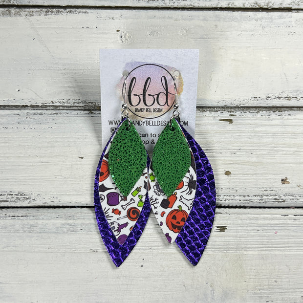 DOROTHY -  Leather Earrings  || <BR> SPARKLE GREEN, <BR> FUN HALLOWEEN, <BR> METALLIC PURPLE COBRA