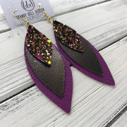 DOROTHY - Leather Earrings  ||  <BR> AUTUMN HARVEST GLITTER (NOT REAL LEATHER), <BR> PEARLIZED BROWN, <BR> MATTE FUCHSIA