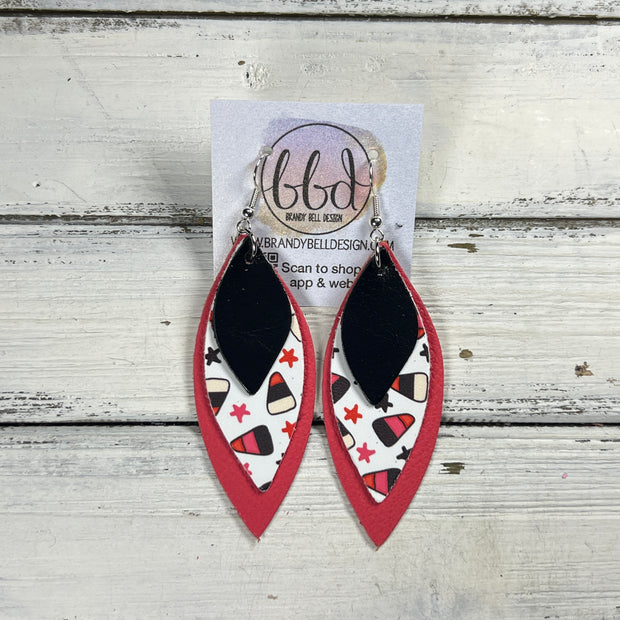 DOROTHY -  Leather Earrings  || <BR> METALLIC BLACK SMOOTH, <BR> CANDY CORN & STARS,  <BR> MATTE CORAL/PINK