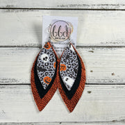 INDIA -  Leather Earrings  || <BR> GRAY LEOPARD HALLOWEEN, <BR> METALLIC BLACK SMOOTH,  <BR> METALLIC ORANGE PEBBLED