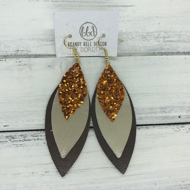 DOROTHY - Leather Earrings  ||  <BR> ORANGE GLITTER (NOT REAL LEATHER), <BR>METALLIC CHAMPGANE SMOOTH, <BR> PEARLIZED BROWN