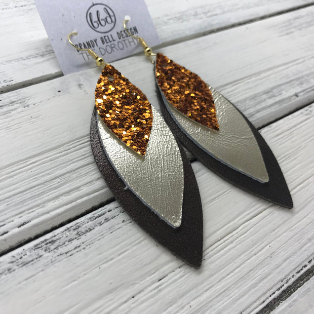 DOROTHY - Leather Earrings  ||  <BR> ORANGE GLITTER (NOT REAL LEATHER), <BR>METALLIC CHAMPGANE SMOOTH, <BR> PEARLIZED BROWN
