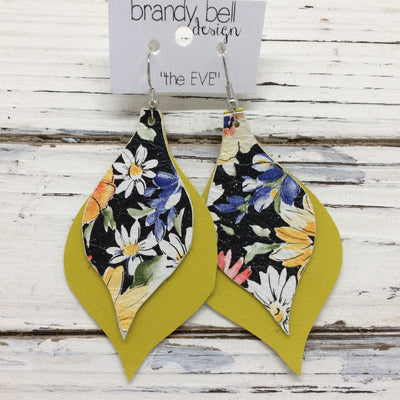EVE - Leather Earrings  || BLACK FLORAL & MATTE BRIGHT YELLOW