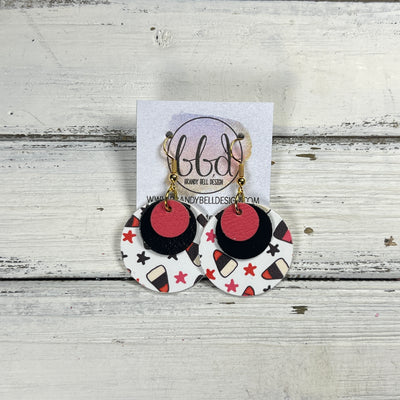 GRAY -  Leather Earrings  || <BR> MATTE CORAL/PINK, <BR> METALLIC BLACK SMOOTH, <BR> CANDY CORN & STARS