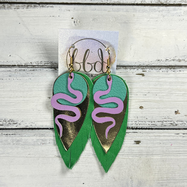 LAYERED SNAKE -  Leather Earrings  || <BR> ORCHID , <BR> MATTE ROBINS EGG,  <BR> METALLIC GOLD SMOOTH, <BR> MATTE SPRING GREEN