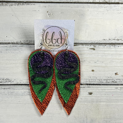 LAYERED SNAKE -  Leather Earrings  || <BR> SHIMMER BLACK, <BR> METALLIC PURPLE PEBBLED,  <BR> SPARKLE GREEN, <BR> METALLIC ORANGE