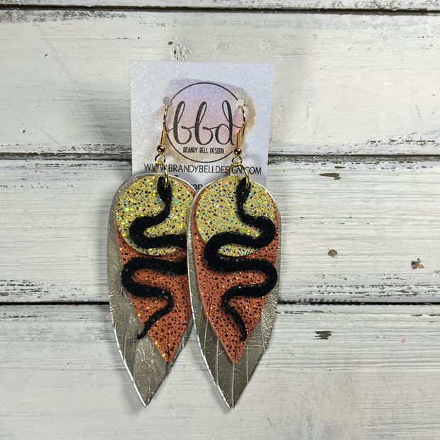 LAYERED SNAKE -  Leather Earrings  || <BR> BLACK GLOSS DOTS, <BR> SPARKLE YELLOW,  <BR> SPARKLE ORANGE, <BR> METALLIC CHAMPAGNE SMOOTH