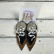 LAYERED SNAKE -  Leather Earrings  || <BR> BLACK & WHITE CHEETAH, <BR> METALLIC CHAMPAGNE SMOOTH,  <BR> BLACK GLOSS DOTS, <BR> ORNAGE & BLACK BISON
