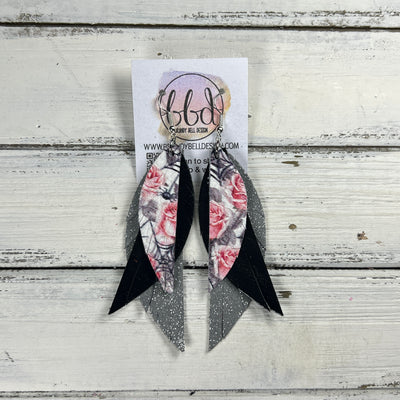 ANDY -  Leather Earrings  || <BR> ROSES & WEBS, <BR> METALLIC BLACK SMOOTH, <BR> SHIMMER GRAY