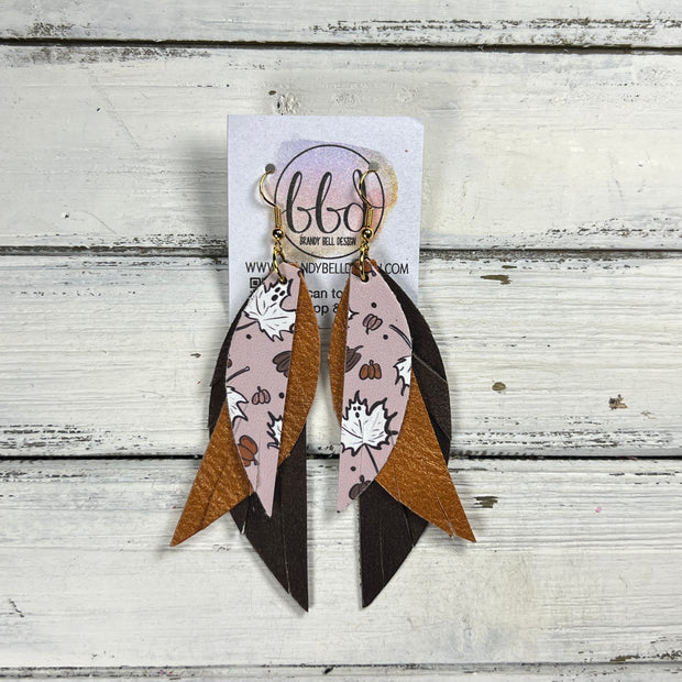 ANDY -  Leather Earrings  || <BR> FALLING GHOST LEAVES (FAUX LEATHER), <BR> PEARLIZED TOPAZ, <BR> PEARLIZED BROWN
