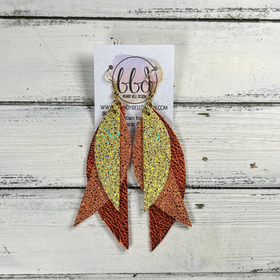 ANDY -  Leather Earrings  || <BR> SPARKLE YELLOW, <BR> SPARKLE ORANGE, <BR> METALLIC ORANGE PEBBLED