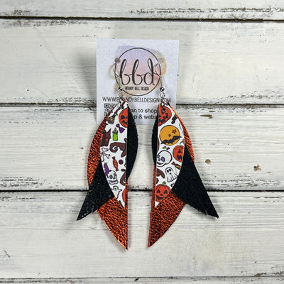 ANDY -  Leather Earrings  || <BR> FUN HALLOWEEN (FAUX LEATHER), <BR> BLACK GLOSS DOTS, <BR> METALLIC ORANGE PEBBLED