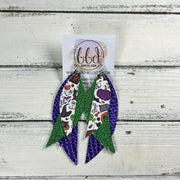 ANDY -  Leather Earrings  || <BR> FUN HALLOWEEN (FAUX LEATHER), <BR> SPARKLE GREEN, <BR> METALLIC PURPLE COBRA