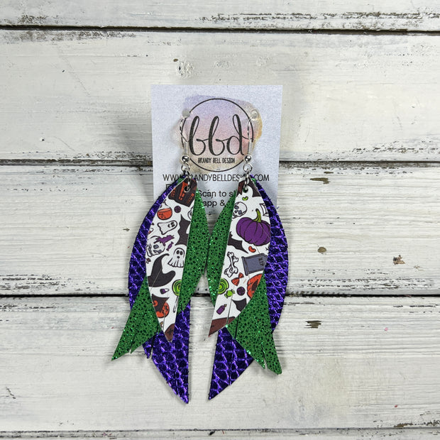ANDY -  Leather Earrings  || <BR> FUN HALLOWEEN (FAUX LEATHER), <BR> SPARKLE GREEN, <BR> METALLIC PURPLE COBRA