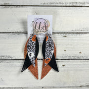 ANDY -  Leather Earrings  || <BR> GRAY LEOPARD HALLOWEEN (FAUX LEATHER), <BR> METALLIC BLACK SMOOTH,  <BR> SPARKLE ORANGE