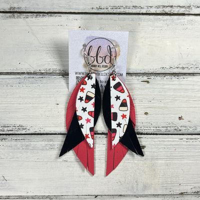 ANDY -  Leather Earrings  || <BR> CANDY CORN & STARS (FAUX LEATHER), <BR> METALLIC BLACK SMOOTH,  <BR> MATTE CORAL/PINK