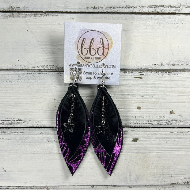 ALLIE + STAR-  Leather Earrings  ||   <BR> METALLIC BLACK SMOOTH, <BR> METALLIC PURPLE WEBS ON BLACK