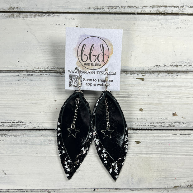 ALLIE + STAR-  Leather Earrings  ||   <BR> METALLIC BLACK SMOOTH, <BR> BLACK & WHITE STARS GLITTER (FAUX LEATER)