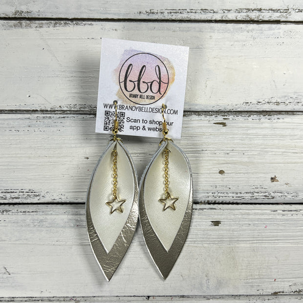 ALLIE + STAR-  Leather Earrings  ||   <BR> PEARL WHITE, <BR> METALLIC CHAMPAGNE SMOOTH