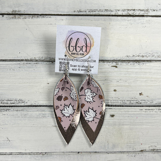 ALLIE -  Leather Earrings  ||   <BR> FALLING GHOST LEAVES (FAUX LEATHER), <BR> METALLIC ROSE GOLD SMOOTH