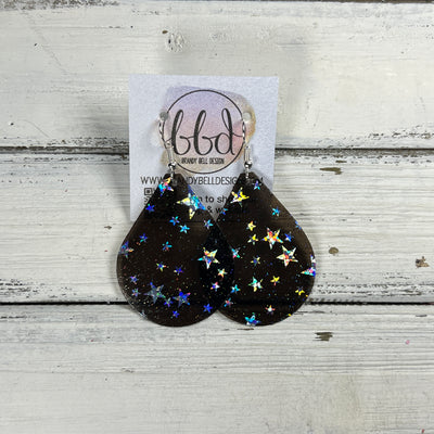 ZOEY (3 sizes available!) -  Leather Earrings  ||  TRANSPARENT STARS ON BLACK JELLY (FAUX LEATHER)