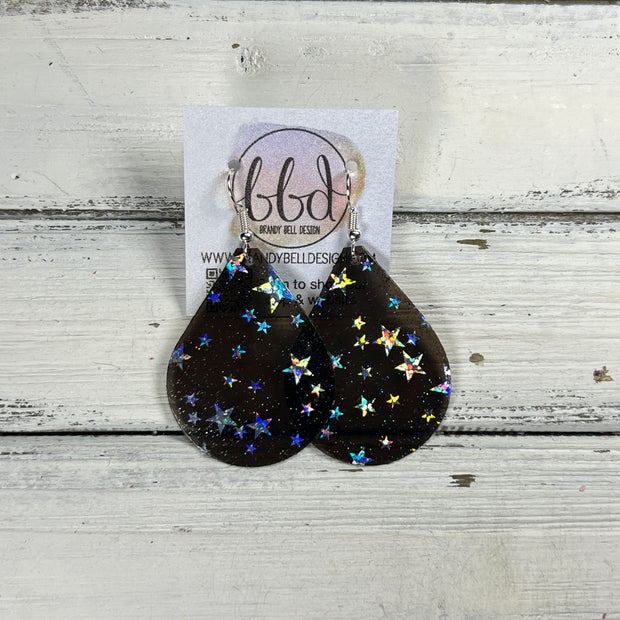 ZOEY (3 sizes available!) -  Leather Earrings  ||  TRANSPARENT STARS ON BLACK JELLY (FAUX LEATHER)