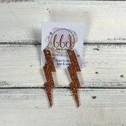 LIGHTNING BOLT (3.5”) <br> LIMITED EDITION ||  Leather Earrings || <BR> *GLITTER ON CORK* FINE BURNT ORANGE GLITTER