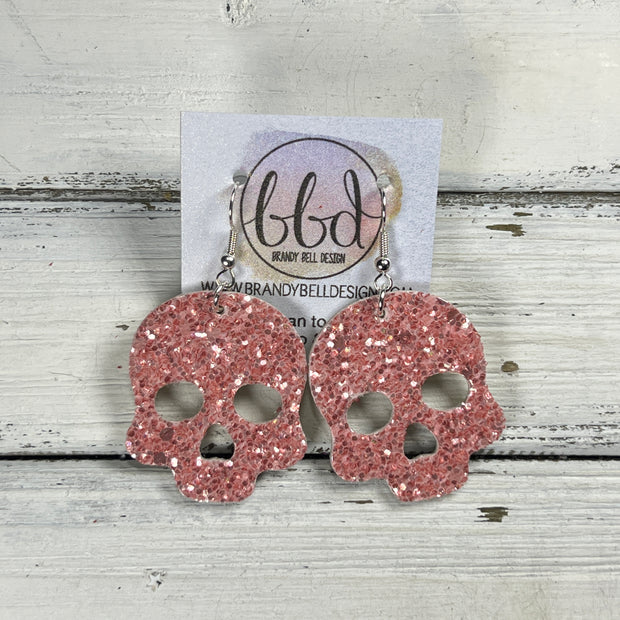 SKULL -  Leather Earrings  ||   <BR> PEACH PINK CHUNKY GLITTER (LEATHER ON THICK CORK)