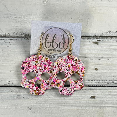 SKULL -  Leather Earrings  ||   <BR> TAFFY PINK CHUNKY GLITTER (LEATHER ON THICK CORK)
