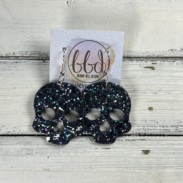 SKULL -  Leather Earrings  ||   <BR> BEJEWELED CHUNKY GLITTER (LEATHER ON THICK CORK)