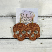 SKULL -  Leather Earrings  ||   <BR> BURNT ORANGE FINE GLITTER (LEATHER ON THICK CORK)