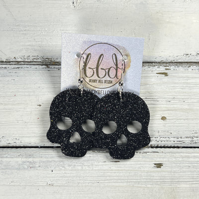 SKULL -  Leather Earrings  ||   <BR> BLACK FINE GLITTER (LEATHER ON THICK CORK)