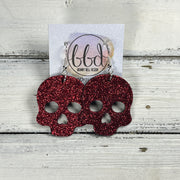SKULL -  Leather Earrings  ||   <BR> RED FINE GLITTER (LEATHER ON THICK CORK)
