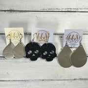 SKULL -  Leather Earrings  ||   <BR> IRIDESCENT WHITE CHUNKY GLITTER (LEATHER ON THICK CORK)