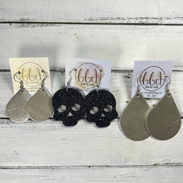 SKULL -  Leather Earrings  ||   <BR> IRIDESCENT WHITE CHUNKY GLITTER (LEATHER ON THICK CORK)