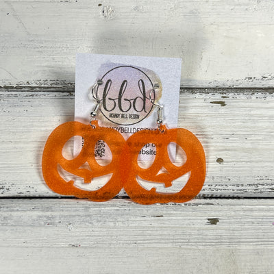 LARGE PUMPKIN -  Leather Earrings  ||   <BR> ORANGE GLITTER JELLY (FAUX LEATHER)