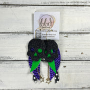 FANCY SKULL -  Leather Earrings  ||   <BR> BLACK FINE GLITTER (LEATHER ON THICK CORK), NEON GREEN, METALLIC PURPLE COBRA, BLACK & WHITE POLKADOT