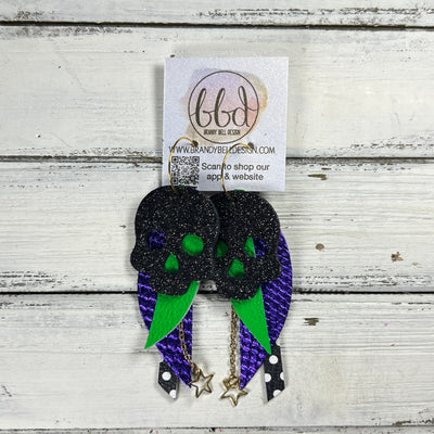 FANCY SKULL -  Leather Earrings  ||   <BR> BLACK FINE GLITTER (LEATHER ON THICK CORK), NEON GREEN, METALLIC PURPLE COBRA, BLACK & WHITE POLKADOT