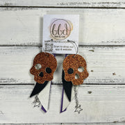 FANCY SKULL -  Leather Earrings  ||   <BR> BURNT ORANGE FINE GLITTER (LEATHER ON THICK CORK), MATTE BLACK, PEARL WHITE, PURPLE