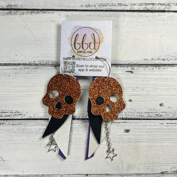 FANCY SKULL -  Leather Earrings  ||   <BR> BURNT ORANGE FINE GLITTER (LEATHER ON THICK CORK), MATTE BLACK, PEARL WHITE, PURPLE