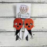 FANCY SKULL -  Leather Earrings  ||   <BR> ORANGE FINE GLITTER (LEATHER ON THICK CORK), METALLIC BLACK SMOOTH, MATTE WHITE, SHIMMER PEWTER