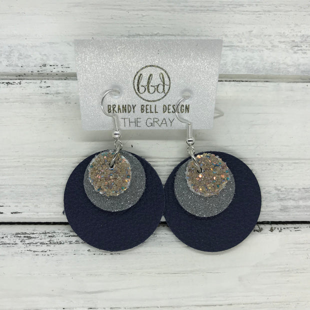 GRAY - Leather Earrings  ||    <BR> GLAMOUR GLITTER (NOT REAL LEATHER), <BR>SHIMMER GRAY,  <BR> MATTE NAVY BLUE